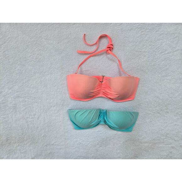 2 Victoria's Secret Swimsuit Tops Size 34DD Teal & Coral Padded Bikini Top - Picture 1 of 5
